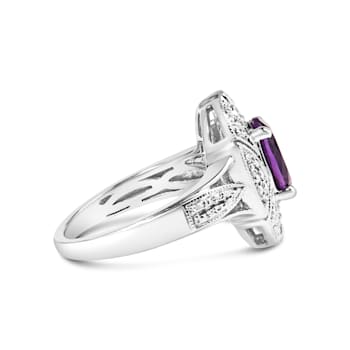 Sterling Silver 9x7mm Oval Purple Amethyst and Diamond Accent Art Deco
Style Cocktail Ring