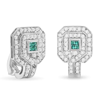 14K White Gold 1ctw Round and Princess-cut Treated Blue Diamond Earrings