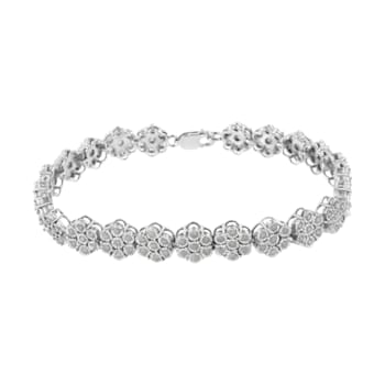 Sterling Silver 2.0ctw Diamond 7 Stone Floral Cluster Link Bracelet