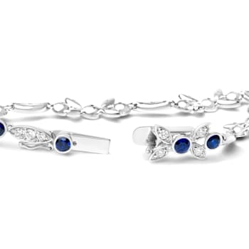 18K White Gold Round Blue Sapphire and Round Diamonds Floral Design Link Bracelet