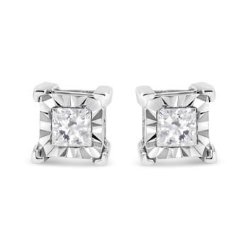 Sterling Silver 1/2ctw Miracle Set Princess-cut Diamond Solitaire Stud Earrings