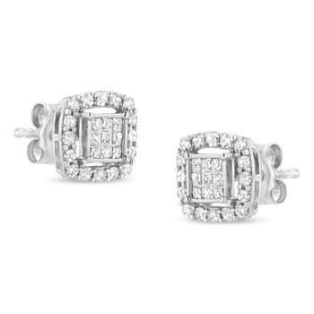 Sterling Silver 1/2ctw Round and Princess-Cut Diamond Stud Earrings