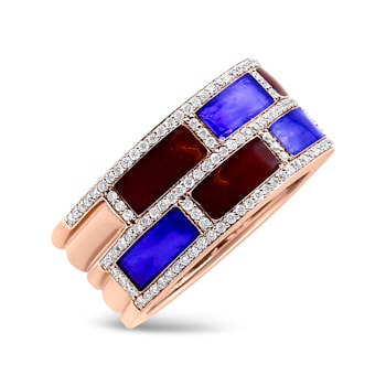 18K Rose Gold Alternating Red and Blue Enamel and 1/2 Cttw Diamond
Studded Band Ring