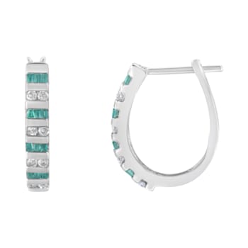 10k White Gold Round and Blue Baguette Diamond Hoop Earrings 0.50ctw