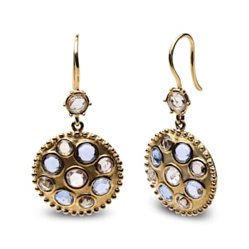 18K Yellow Gold Special Cut Round Blue Sapphire with White and Brown
Diamond Cluster Dangle Earrings