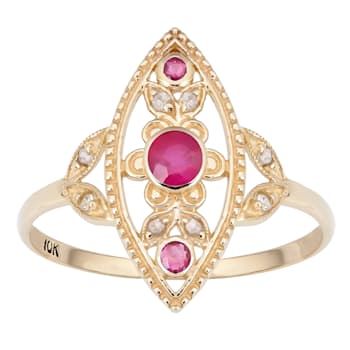 10k Yellow Gold Antique Style Genuine Round Ruby and Diamond Ring