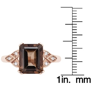 10k Rose Gold Vintage Style Genuine Emerald-Cut Smoky Quartz and Diamond Ring