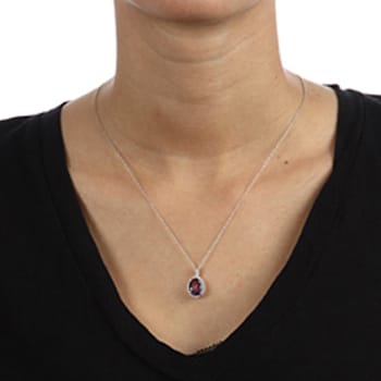10k White Gold Oval Amethyst and Diamond Halo Pendant With Chain