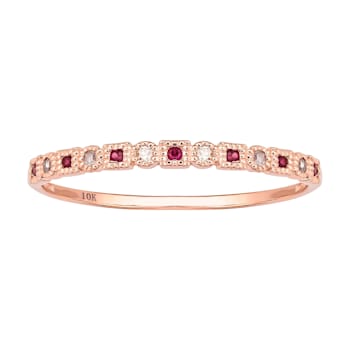 10k Rose Gold Vintage Style Ruby and Diamond Petite Stackable Band