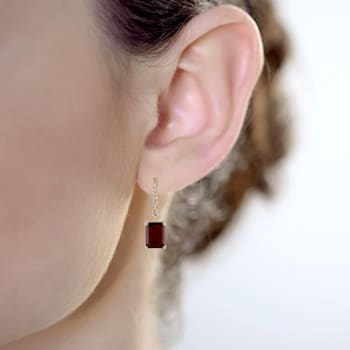 10K Yellow Gold Rectangular Octagonal Garnet and White Topaz Dangle Earrings