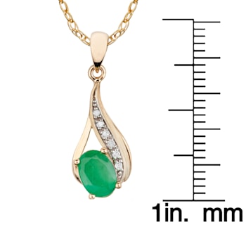 10k Yellow Gold Genuine Oval Emerald and Diamond Drop Pendant With Chain