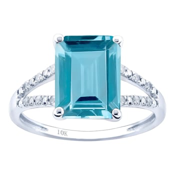 10k White Gold Genuine Emerald-Cut Blue Topaz and Split-Shank Diamond Ring