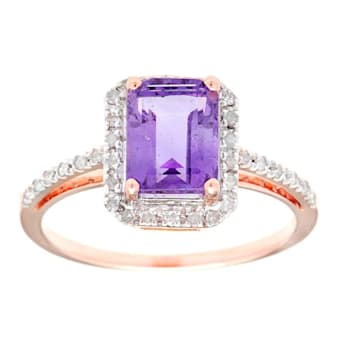 10k Rose Gold Emerald-Cut Amethyst and Diamond Halo Ring