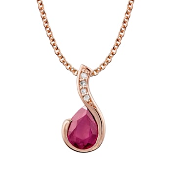 10k Rose Gold Genuine Pear-Shape Ruby and Diamond Drop Pendant With Chain