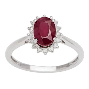 10k White Gold Oval Ruby and Halo Diamond Ring