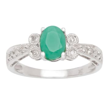 10k White Gold Vintage Style Oval Emerald and Diamond Ring