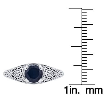 10k White Gold Vintage Style Genuine Round Sapphire Scroll Ring