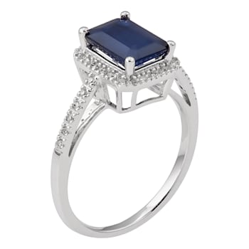 10k White Gold Emerald-Cut Sapphire and Diamond Halo Ring