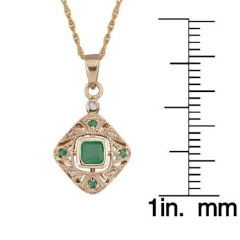 10k Yellow Gold Vintage Style Emerald and Diamond Pendant With Chain