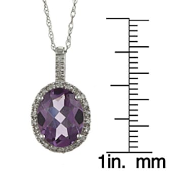 10k White Gold Oval Amethyst and Diamond Halo Pendant With Chain