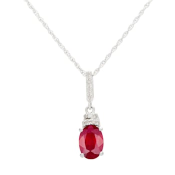10k White Gold Oval Ruby and Diamond Pendant With Chain