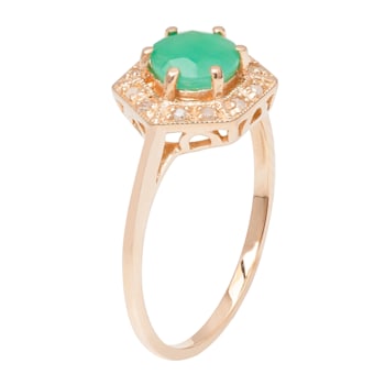10k Yellow Gold Vintage Style Genuine Round Emerald and Diamond Halo Ring