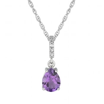 10k White Gold Genuine Pear-Shape Amethyst and Diamond Drop Pendant With Chain