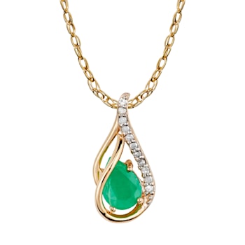 10k Yellow Gold Genuine Pear-shape Emerald and Diamond Halo Drop Pendant
With Chain
