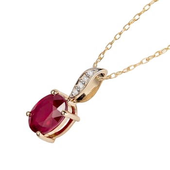 10k Yellow Gold Genuine Oval Ruby and Diamond Pendant With Chain