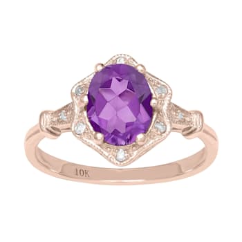10k Rose Gold Vintage Style Genuine Oval Amethyst and Diamond Halo Ring