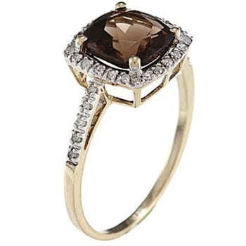 10k Yellow Gold Cushion Smoky Quartz and Diamond Halo Ring
