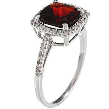 10k White Gold Cushion Garnet and Diamond Halo Ring