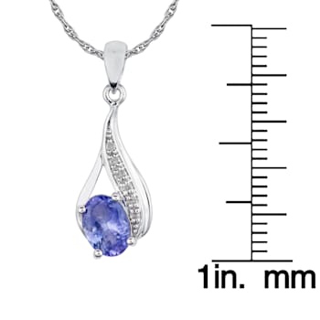 10k White Gold Genuine Oval Tanzanite and Diamond Drop Pendant With Chain