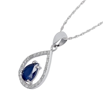 10k White Gold Genuine Pear-Shape Sapphire and Diamond Halo Teardrop
Pendant With Chain