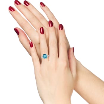 10k White Gold Genuine Emerald-Cut Blue Topaz and Split-Shank Diamond Ring
