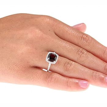 10k White Gold Cushion Garnet and Diamond Halo Ring
