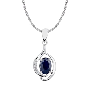 10k White Gold Genuine Oval Sapphire and Diamond Pendant With Chain