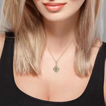 10k Yellow Gold Vintage Style Emerald and Diamond Pendant With Chain