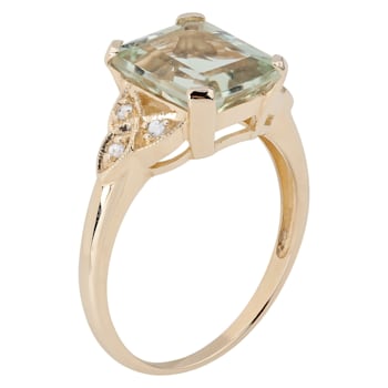 10k Yellow Gold Vintage Style Genuine Emerald-Cut Prasiolite and Diamond Ring