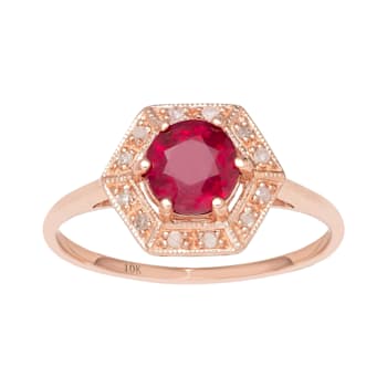 10k Rose Gold Vintage Style Genuine Round Ruby and Diamond Halo Ring
