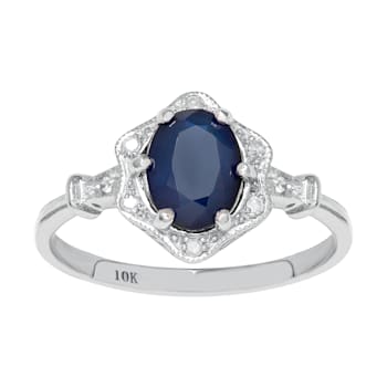 10k White Gold Vintage Style Genuine Oval Sapphire and Diamond Halo Ring