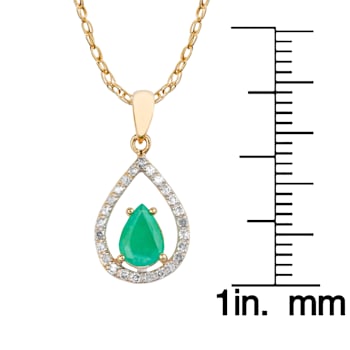 10k Yellow Gold Genuine Pear-Shape Emerald and Diamond Halo Teardrop
Pendant With Chain