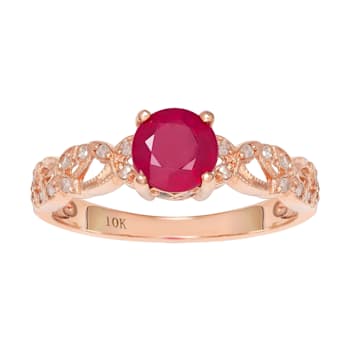 10k Rose Gold Vintage Style Genuine Round Ruby and Diamond Filigree Ring