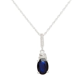 10k White Gold Oval Sapphire and Diamond Pendant With Chain