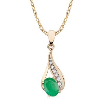 10k Yellow Gold Genuine Oval Emerald and Diamond Drop Pendant With Chain