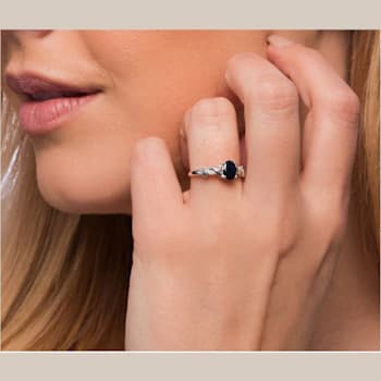 10k White Gold Oval Sapphire and Braided Diamond Accent Ring