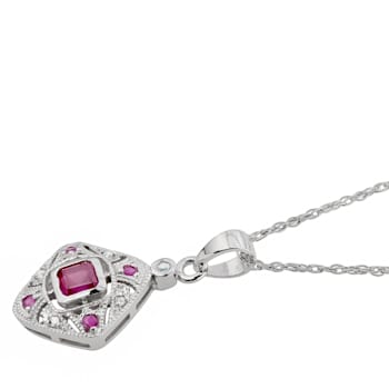 10k White Gold Vintage Style Ruby and Diamond Pendant With Chain