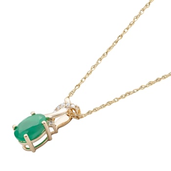 10k Yellow Gold Oval Emerald and Diamond Twist Pendant With Chain