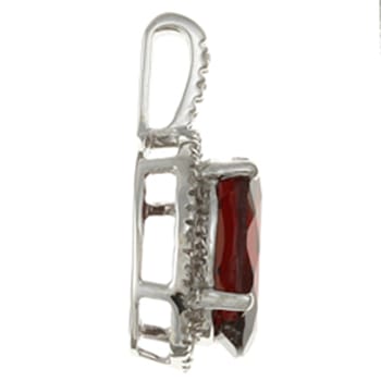 10k White Gold Oval Garnet and Diamond Halo Pendant With Chain