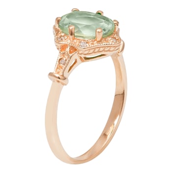 10k Yellow Gold Vintage Style Genuine Oval Prasiolite and Diamond Halo Ring